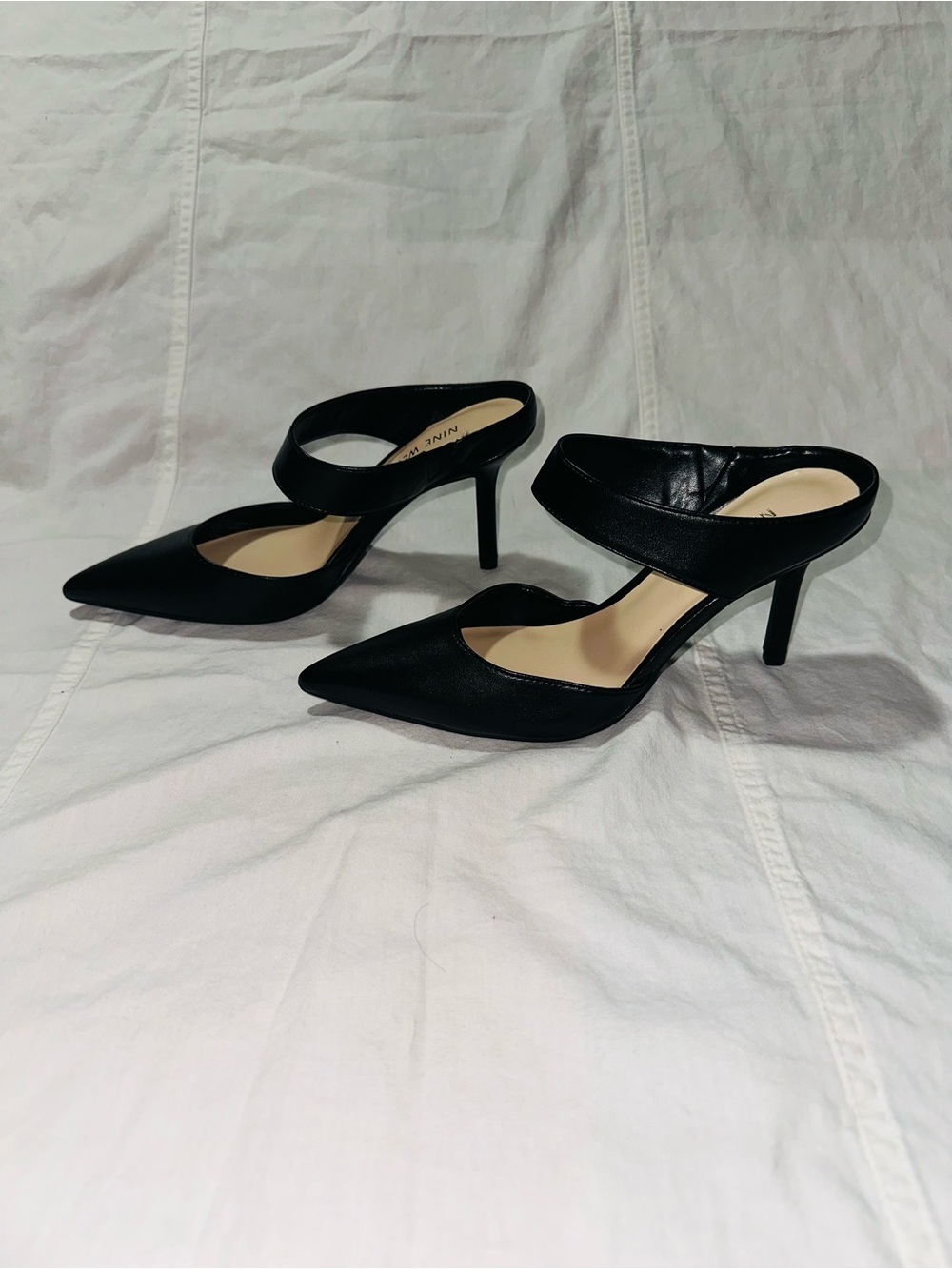 Black Pointed-Toe Mule Heels with Strap